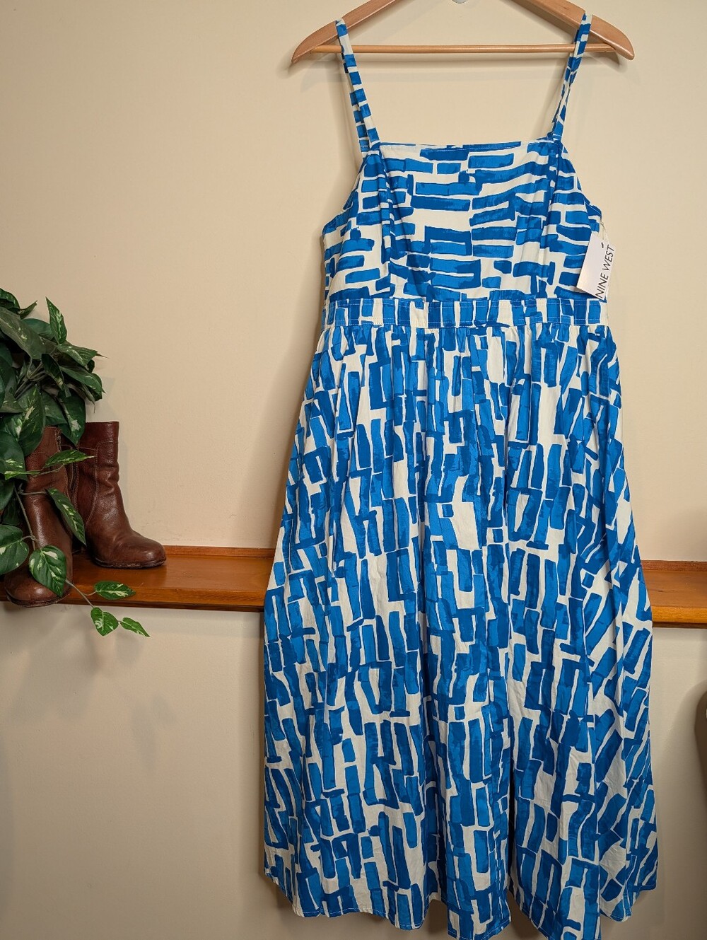 Nine West Blue White Abstract Print Smocked Sundress NWT Cotton Sz XL